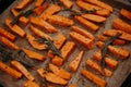 tray of oven baked sweet potato chips in closeup