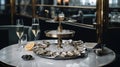 A tray of oysters and champagne on a table. AI generative image . French still life.