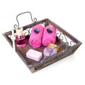 Tray with pink accessories for beauty and spa