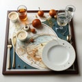 A tray with a plate, silverware, and oranges on it. Generative AI image.