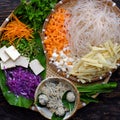 Tray of raw materials for vegan noodles soup with colorful vegetables, simple Vietnamese dish that healthy, nutrition Royalty Free Stock Photo