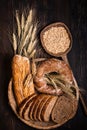 Tray with rustic bread and cereals Royalty Free Stock Photo