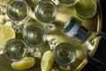 Tray with shots and bottle of vodka, lime and ice, top view Royalty Free Stock Photo