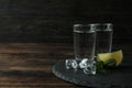 Tray with shots of vodka on wooden background Royalty Free Stock Photo