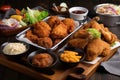 tray of sizzling and juicy fried chicken, paired with assorted side dishes