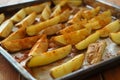 tray with spiced potato wedges ready for baking