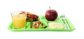 Tray with tasty food and juice on white background. School lunch Royalty Free Stock Photo