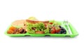 Tray with tasty food on white background. School lunch Royalty Free Stock Photo