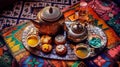 A tray with a tea pot, tea cups, and cookies on it. AI generative image Royalty Free Stock Photo