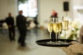 A tray with three glasses of champagne. Waiter holding a tray with a champagne glass Royalty Free Stock Photo