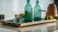 A tray with two green bottles on top of a counter. AI generative image. Made form recycled glass. Royalty Free Stock Photo
