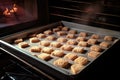 a tray of unbaked biscuits entering an oven