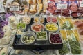 Tray of various pickles available for sampling, on a market stall in a Japanese market, selling the pickles