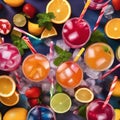A tray of vibrant mocktails with colorful straws and artistic fruit garnishes1 Royalty Free Stock Photo
