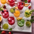 A tray of vibrant mocktails garnished with fresh fruit slices and herb sprigs1