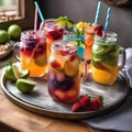 A tray of vibrant mocktails served in charming mason jars, complete with colorful straws and artistic fruit garnishes4