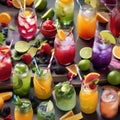 A tray of vibrant mocktails served in charming mason jars, complete with colorful straws and artistic fruit garnishes1