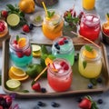A tray of vibrant mocktails served in charming mason jars, complete with colorful straws and artistic fruit garnishes3 Royalty Free Stock Photo