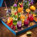 A tray of vibrant mocktails served in charming mason jars, complete with colorful straws and artistic fruit garnishes2