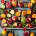 A tray of vibrant mocktails served in mason jars with colorful straws and fruit garnishes4