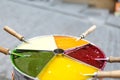 Tray with vibrant multicolored caramel for lollipops on stick in Istanbul, Turkey. Authentic Ottoman mastic, macun sekeri. Turkish Royalty Free Stock Photo