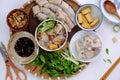 Tray of Vietnamese food ready to eat for breakfast, homemade vegan rice noodles roll Royalty Free Stock Photo