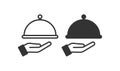 Tray in waiter hand icon. Restaurant cloche symbol. Sign food service vector Royalty Free Stock Photo