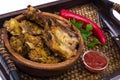 Tray, wooden bowl with spicy ribs, ketchup