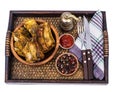 Tray, wooden bowl with spicy ribs, ketchup