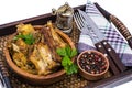 Tray, wooden bowl with spicy ribs, ketchup