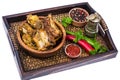 Tray, wooden bowl with spicy ribs, ketchup