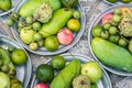 Trays with fruits most probably as offerings to gods at Po Nagar Ponagar Temple celebration in Nha Trang, Vietnam