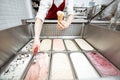 Trays with ice cream in the refrigerator