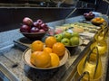 Trays of oranges, red and green apples. Royalty Free Stock Photo