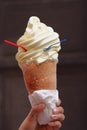 Trdelnik with ice cream in woman hand