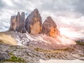 Tre Cime di Lavaredo, aka Drei Zinnen. North face of rock formation in Sexten Dolomites, Italy Royalty Free Stock Photo