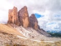 Tre Cime di Lavaredo, aka Drei Zinnen, rock formation in Dolomites, Italy Royalty Free Stock Photo