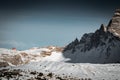 Tre cime di lavaredo cabin mountain isolated close up, view from monte piana, dolomites italy