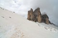 Tre Cime di Lavaredo in the clouds, Dolomites, Italy