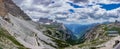 Tre Cime di Lavaredo hiking track with tourists and refuge