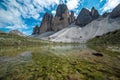 Tre Cime di Lavaredo italian Dolomite lake panorama, Trentino, Italy