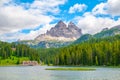 Tre Cime di Lavaredo Mountain. View from Misurina Lake, Dolomites, Italy Royalty Free Stock Photo