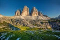 Tre Cime di Lavaredo Mountains with green grass, Dolomites Alps, Italy Royalty Free Stock Photo