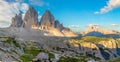 Tre Cime di Lavaredo, panoramic landscape, Dolomites Alps Royalty Free Stock Photo