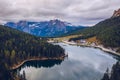 Tre Cime di Lavaredo peaks seen from Misurina lake in Dolomites, Italy in winter, Belluno-Trentino Alto Adige border. Misurina Royalty Free Stock Photo