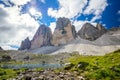 Tre Cime di Lavaredo with real sun and sunshine, Dolomites Alps Mountains Royalty Free Stock Photo