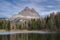 Tre Cime di Lavaredo reflected in Antorno lake, Dolomites Alps, Italy Royalty Free Stock Photo
