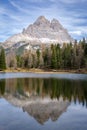 Tre Cime di Lavaredo reflected in Antorno lake, Dolomites Alps, Italy Royalty Free Stock Photo