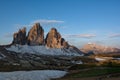 Tre Cime di Lavaredo at sunrise. Sesto Dolomites, Italy Royalty Free Stock Photo