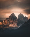 Tre cime di Lavaredo at sunset, Dolomite Alps, Italy Royalty Free Stock Photo